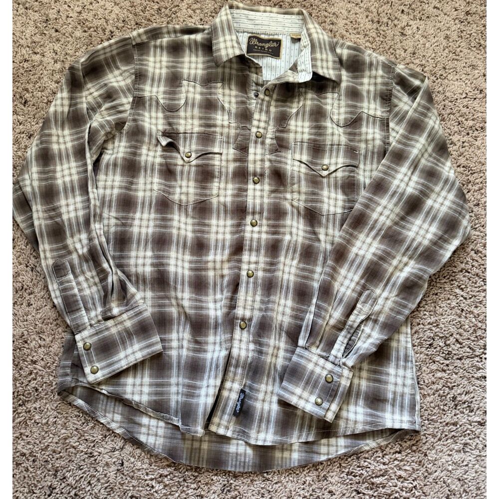 Wrangler Retro Men's Large Brown Plaid Pearl Snap Western Shirt